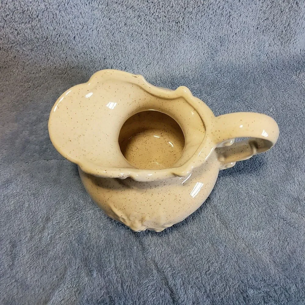 Vintage Cream Speckled Ceramic Pitcher Ruffled Rim Embossed Farmhouse Primitive
